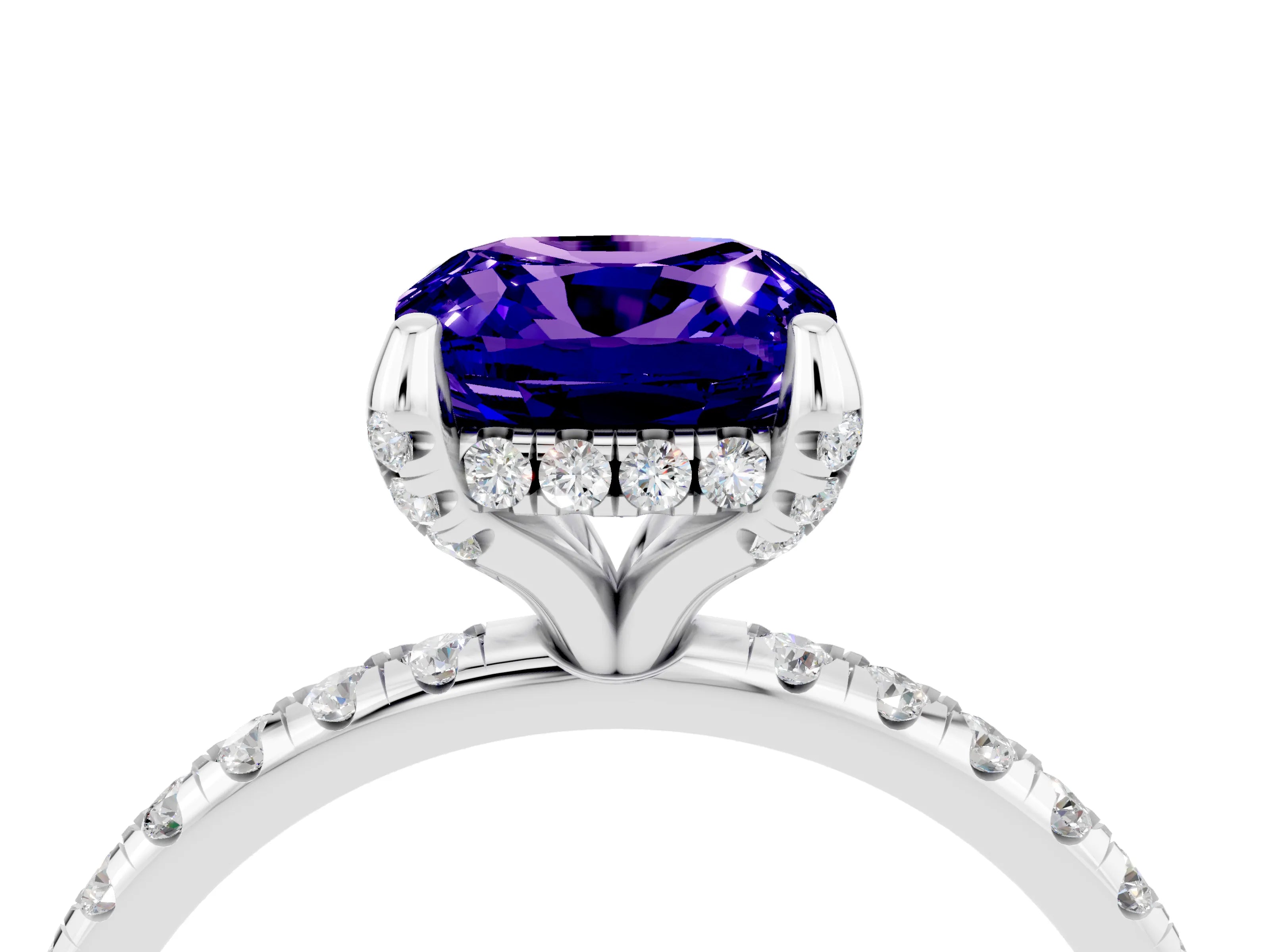 White gold Cushion Cut Diamond Solitaire Ring with Four-Prong Setting and Pavé Band_4
