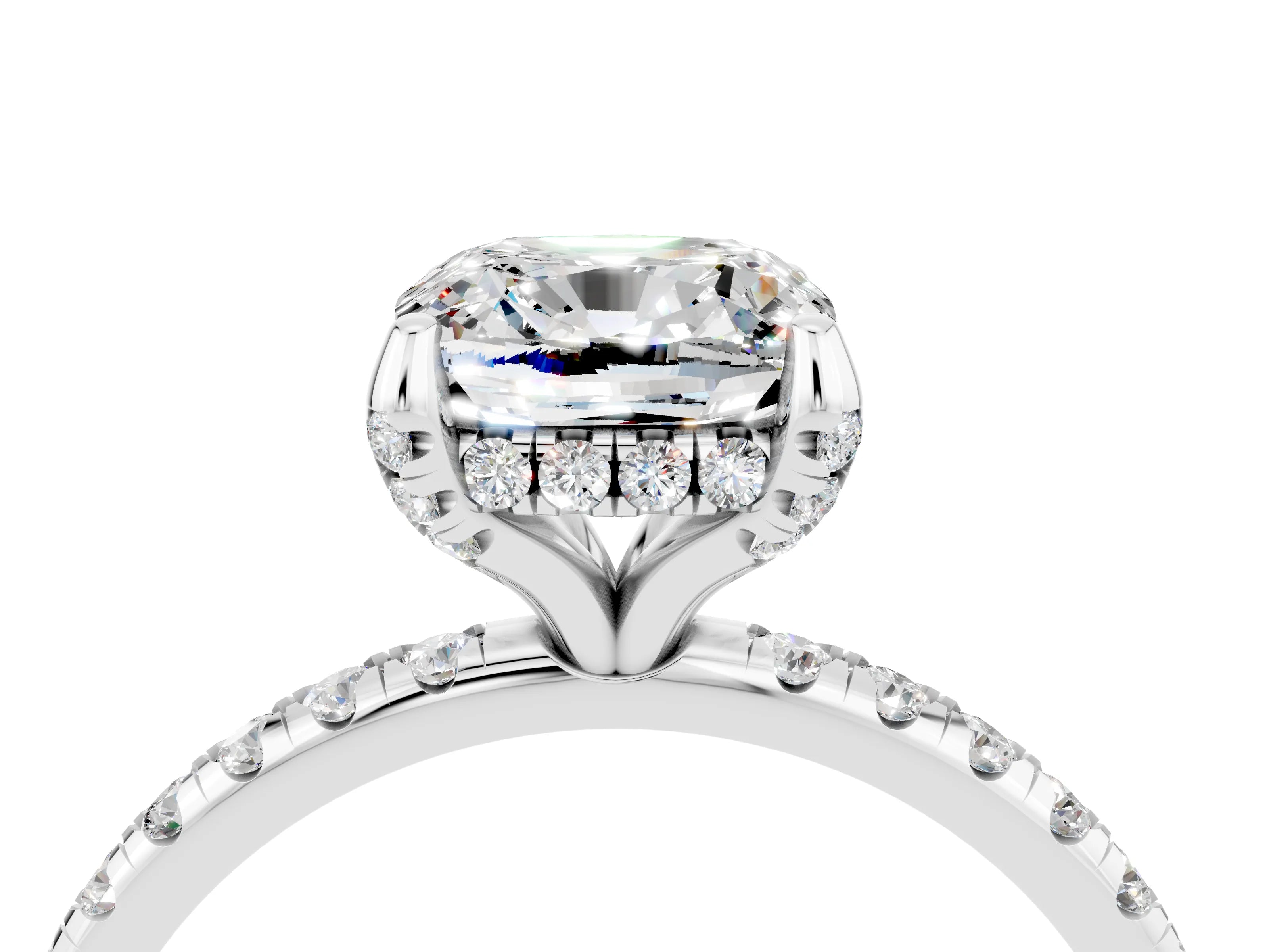 White gold Cushion Cut Diamond Solitaire Ring with Four-Prong Setting and Pavé Band_4