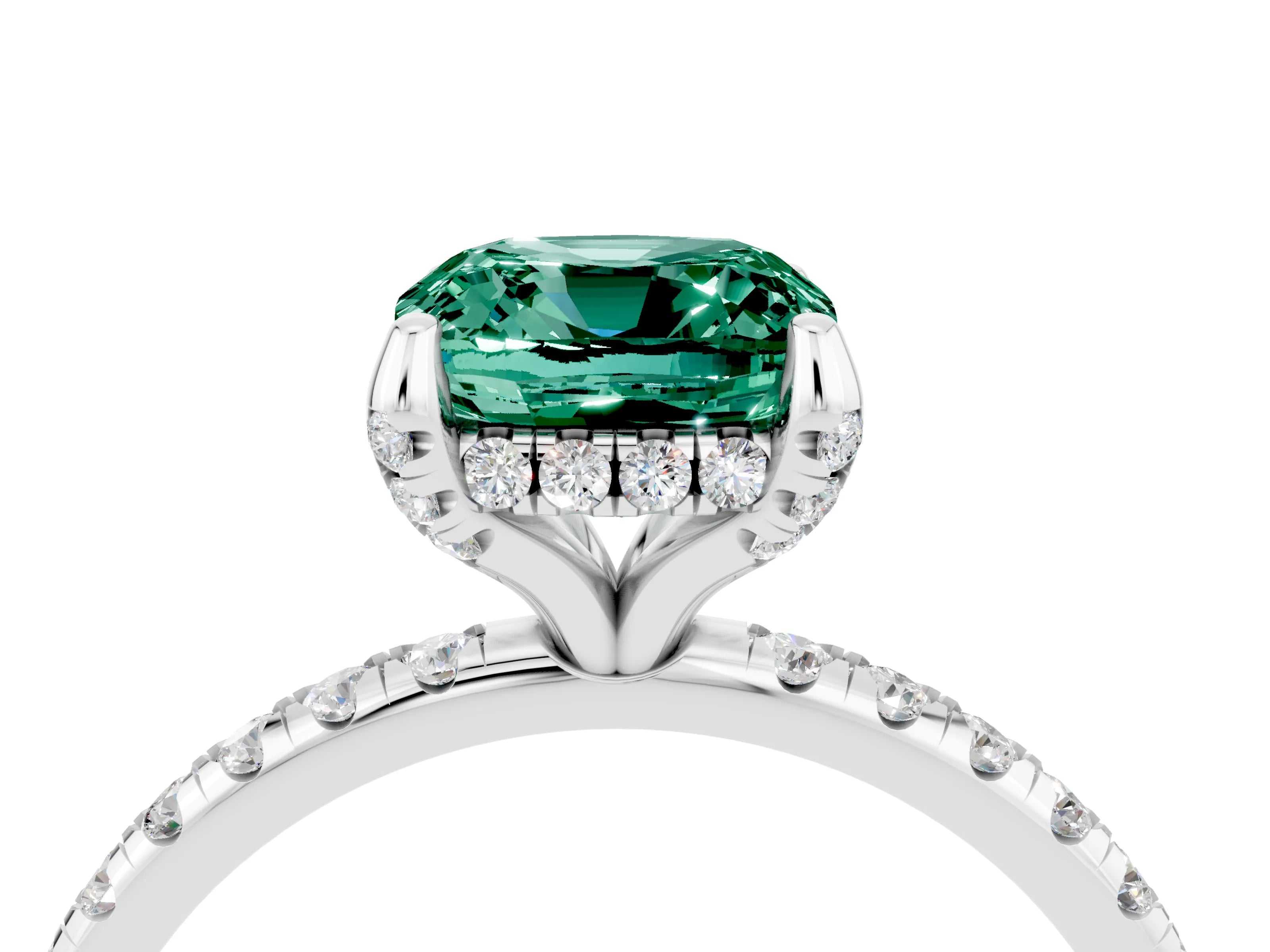 White gold Cushion Cut Diamond Solitaire Ring with Four-Prong Setting and Pavé Band_4