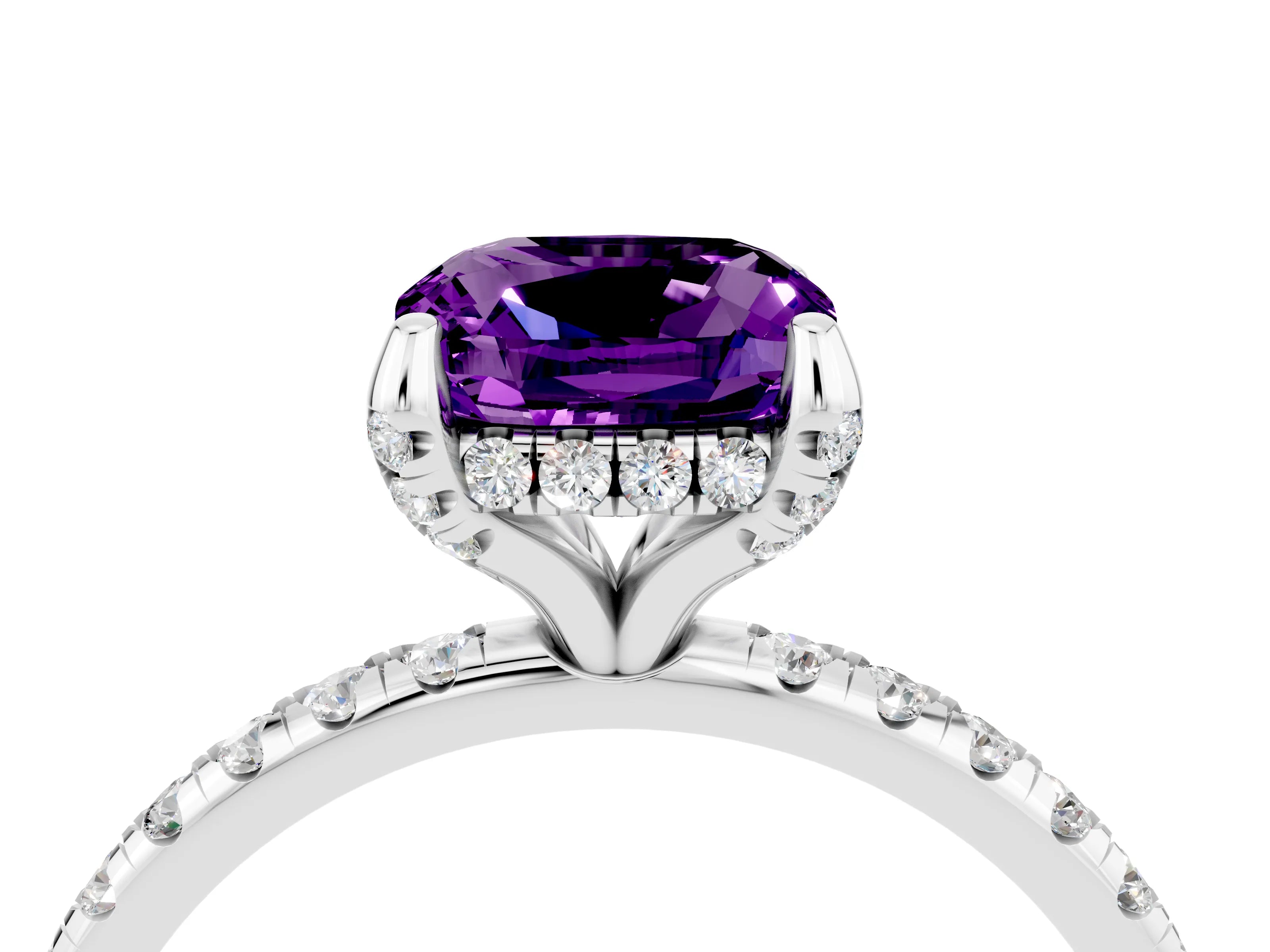 White gold Cushion Cut Diamond Solitaire Ring with Four-Prong Setting and Pavé Band_4
