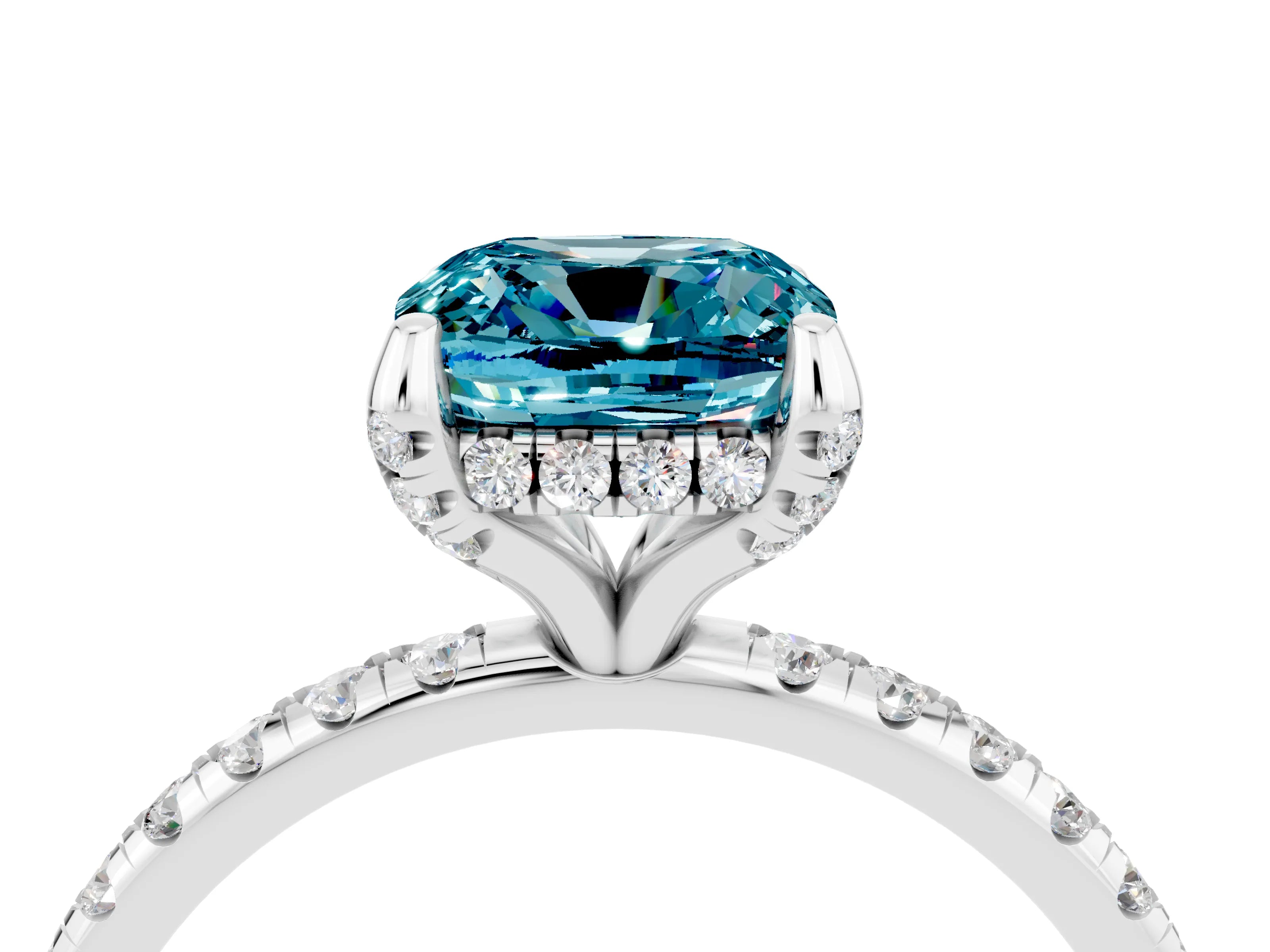 White gold Cushion Cut Diamond Solitaire Ring with Four-Prong Setting and Pavé Band_4