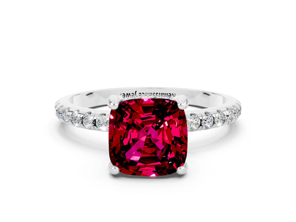 White gold Cushion Cut Garnet Hidden Halo Engagement Ring with Round Pavé Band and Prong Setting