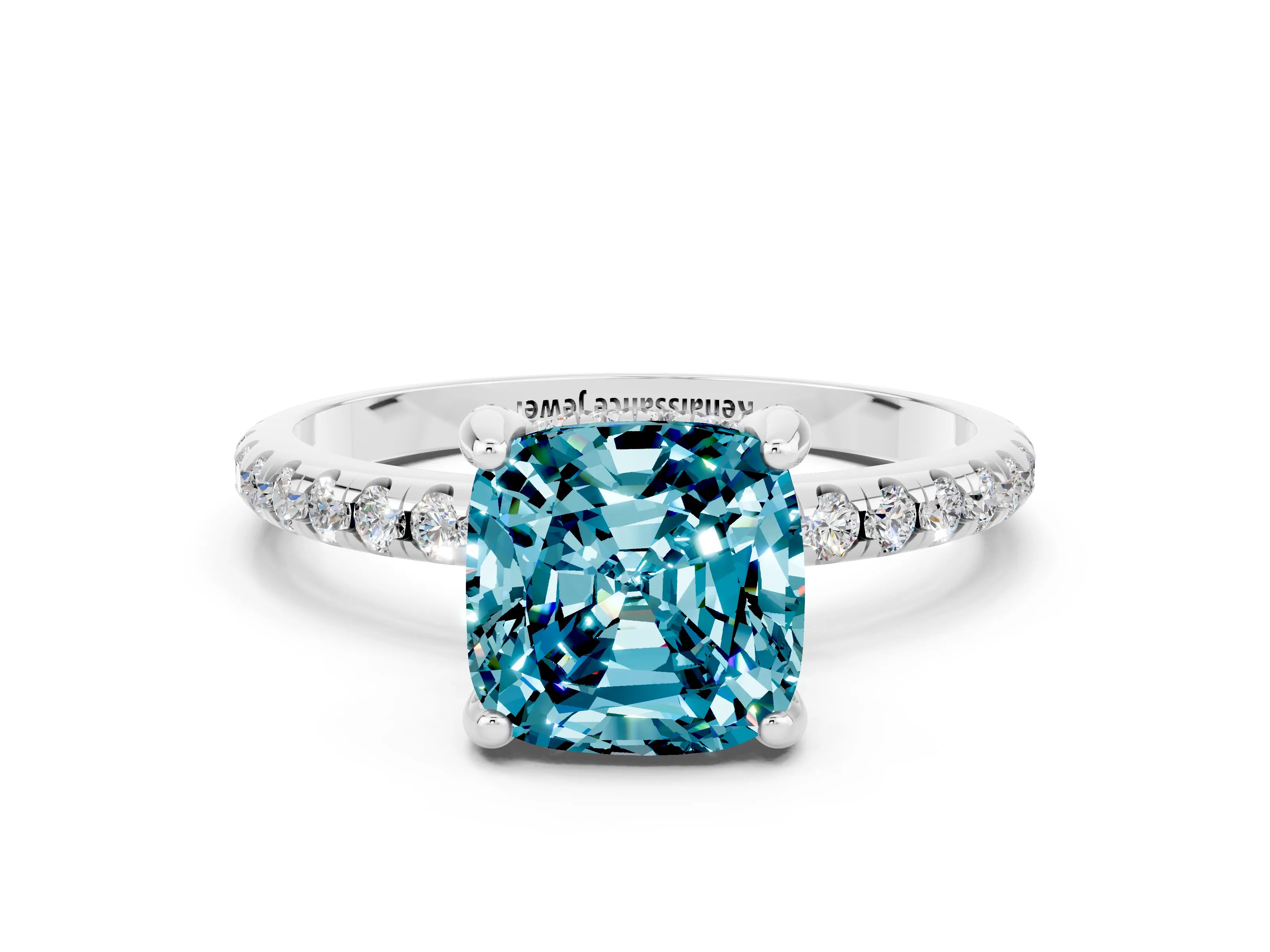 White gold Cushion Cut Diamond Solitaire Ring with Four-Prong Setting and Pavé Band