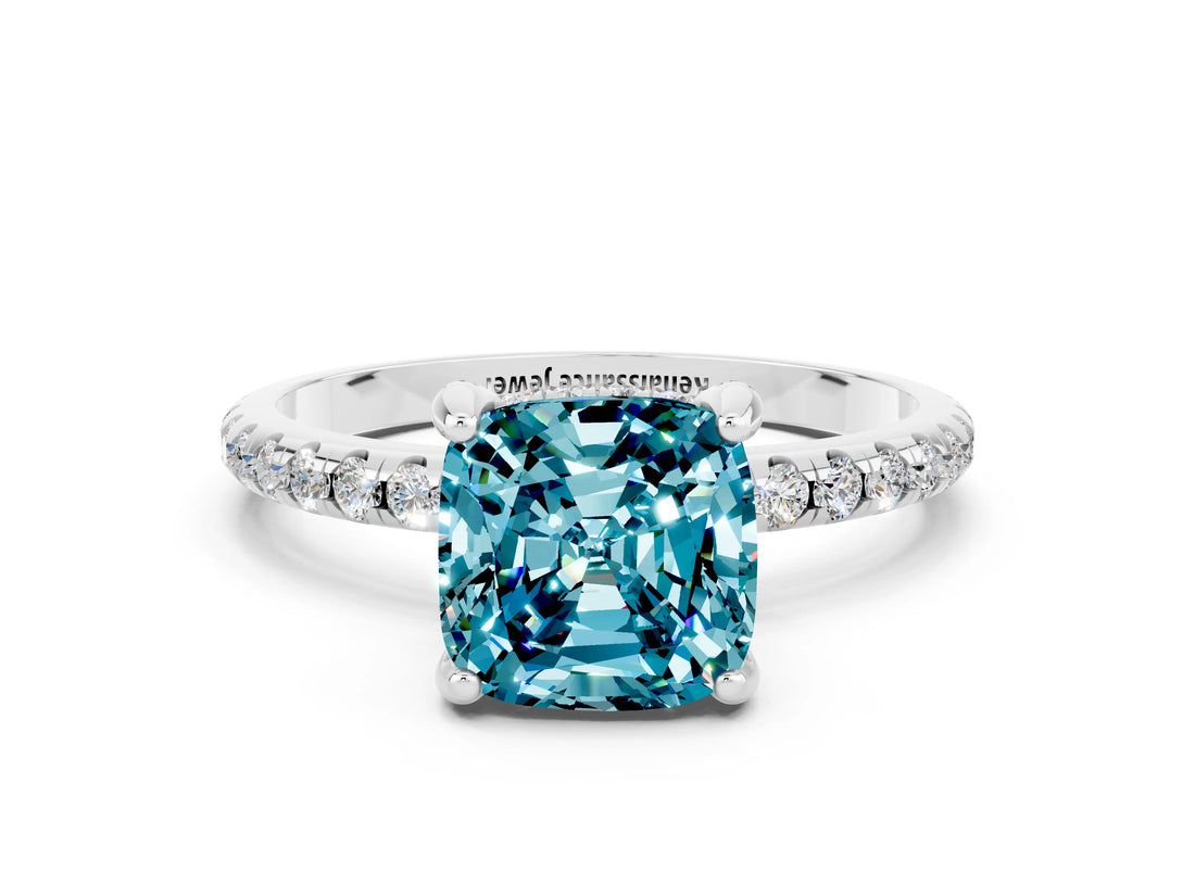 White gold Cushion Cut Diamond Solitaire Ring with Four-Prong Setting and Pavé Band