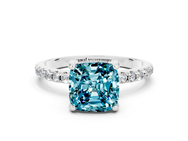 Silver Cushion Cut Diamond Solitaire Ring with Four-Prong Setting and Pavé Band