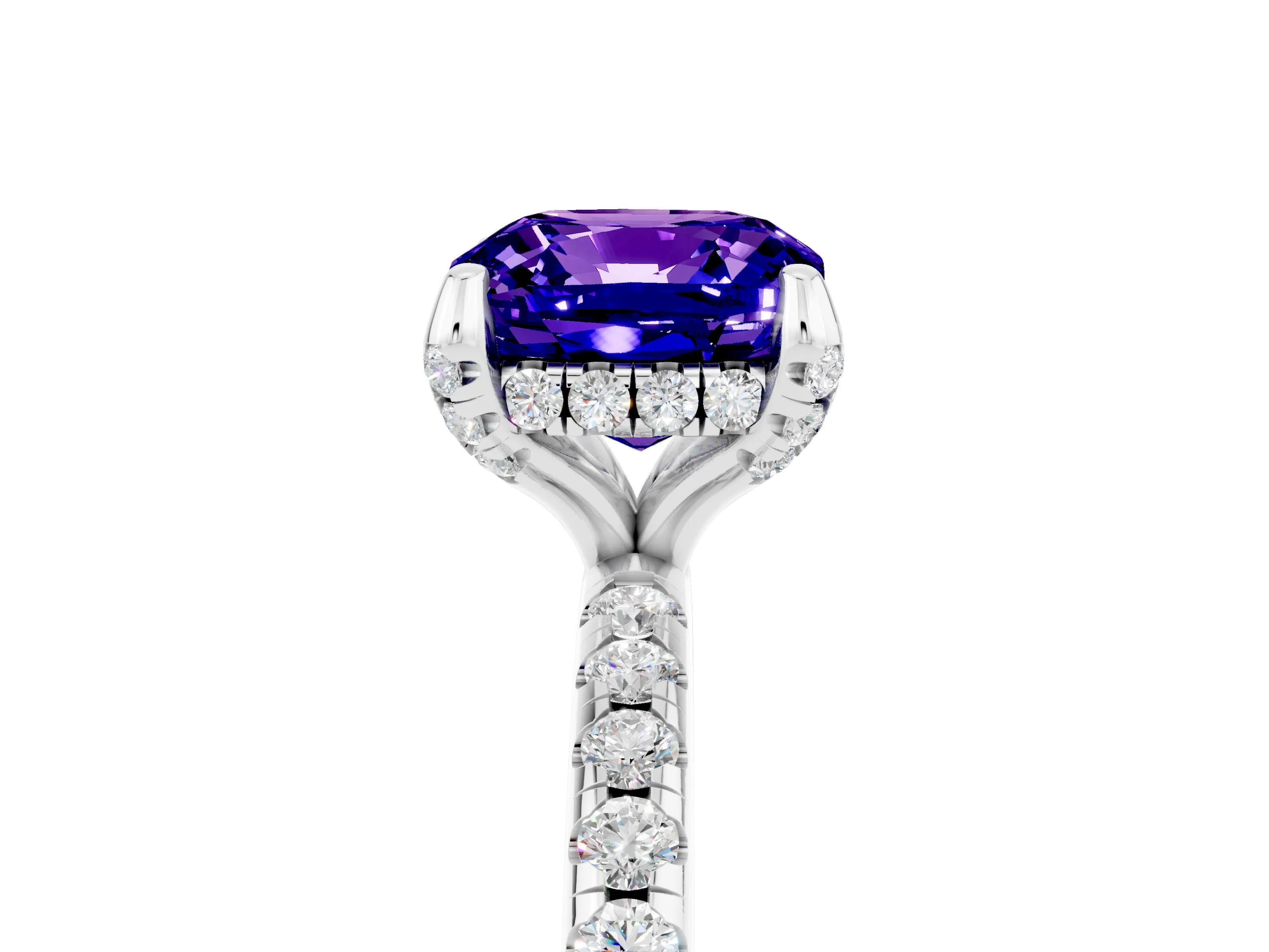 White gold Cushion Cut Diamond Solitaire Ring with Four-Prong Setting and Pavé Band_5