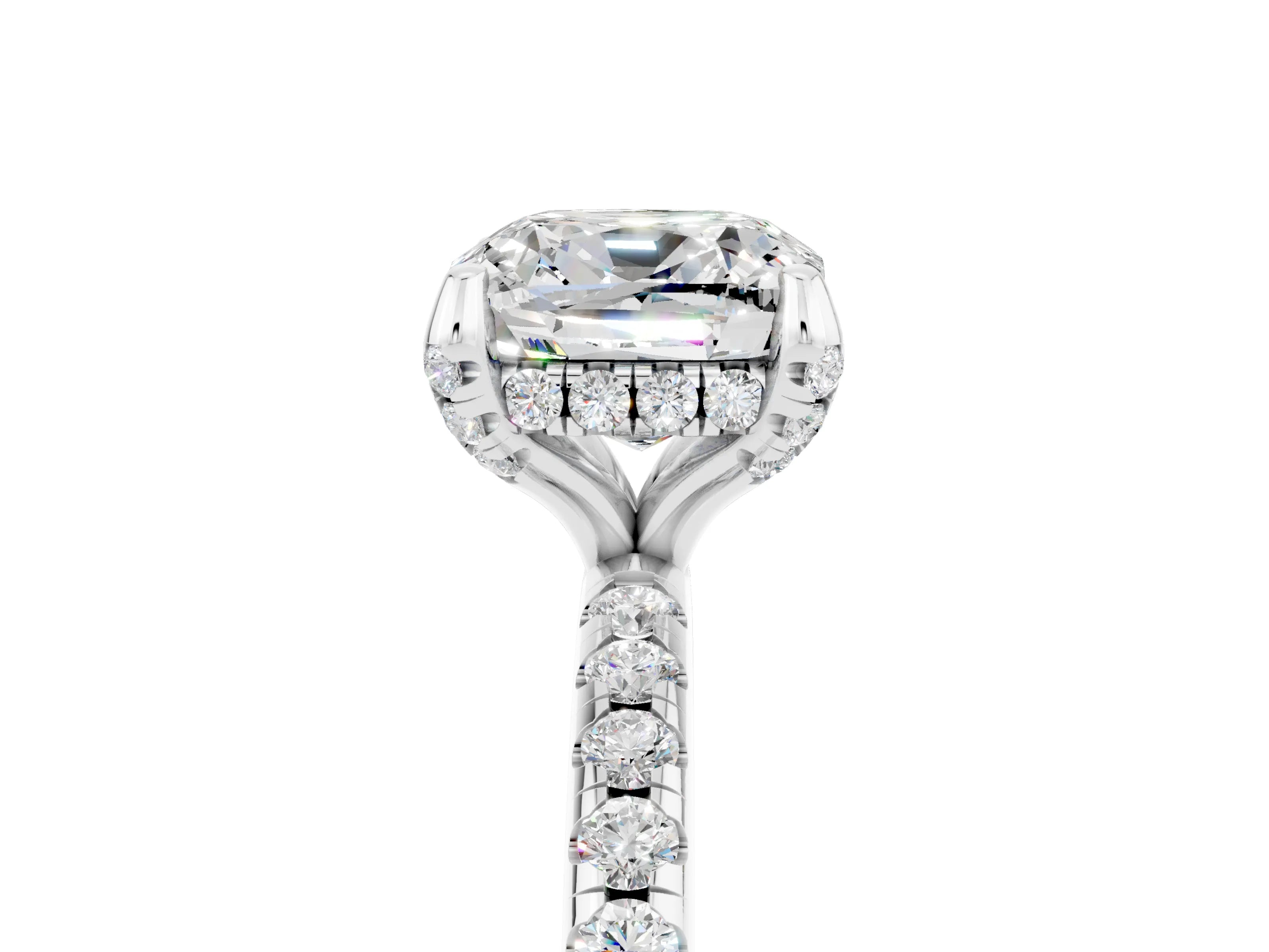 White gold Cushion Cut Diamond Solitaire Ring with Four-Prong Setting and Pavé Band_5