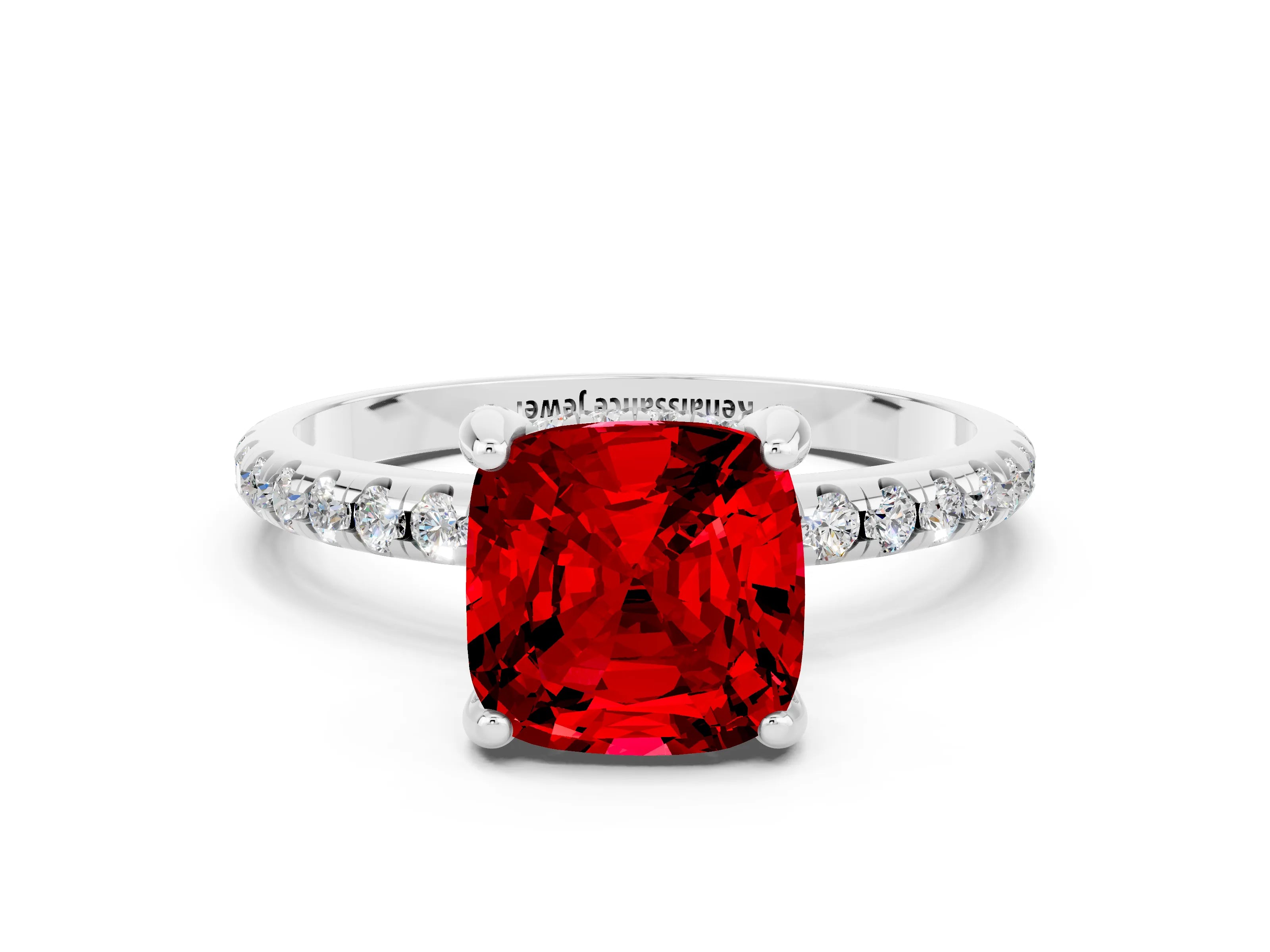 White gold Cushion Cut Diamond Solitaire Ring with Four-Prong Setting and Pavé Band