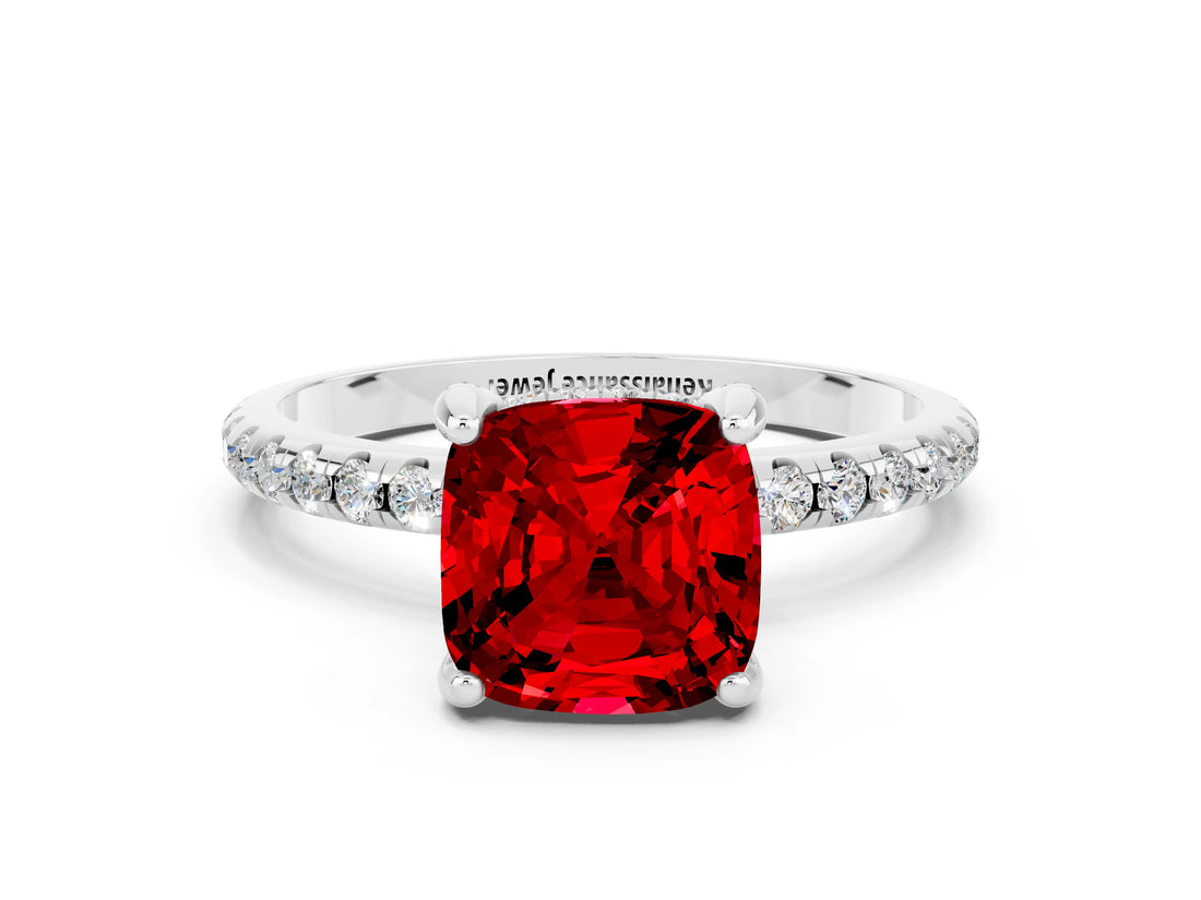 White gold Cushion Cut Diamond Solitaire Ring with Four-Prong Setting and Pavé Band