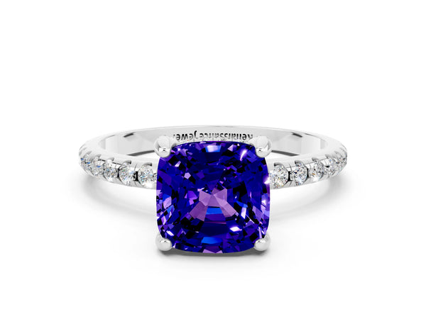 Platinum Cushion Cut Tanzanite Hidden Halo Engagement Ring with Round Pavé Band and Prong Setting