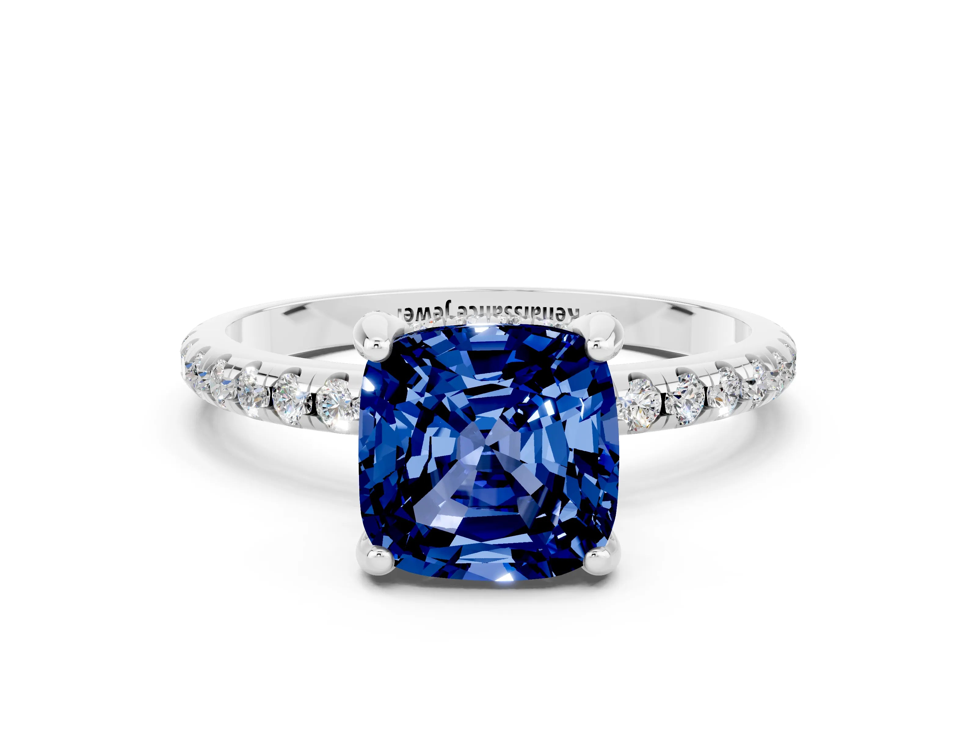 White gold Cushion Cut Diamond Solitaire Ring with Four-Prong Setting and Pavé Band
