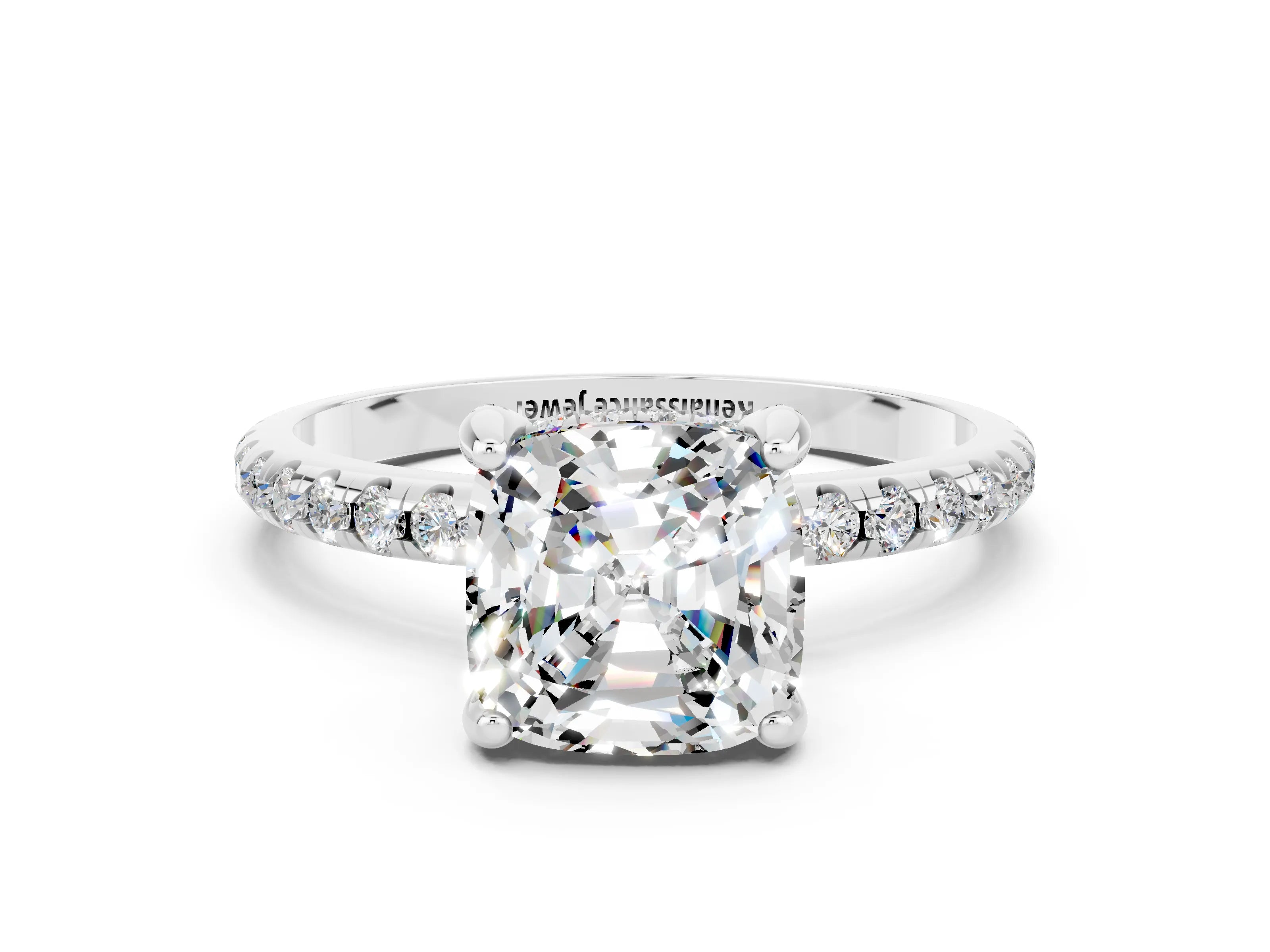 White gold Cushion Cut Diamond Solitaire Ring with Four-Prong Setting and Pavé Band