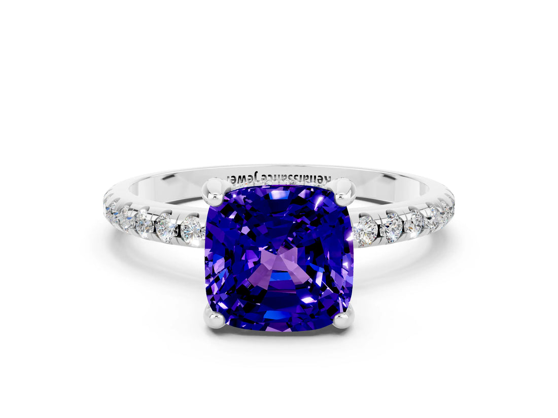 White gold Cushion Cut Diamond Solitaire Ring with Four-Prong Setting and Pavé Band