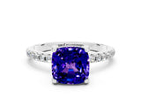 White gold Cushion Cut Diamond Solitaire Ring with Four-Prong Setting and Pavé Band