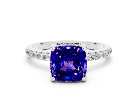 White gold Cushion Cut Diamond Solitaire Ring with Four-Prong Setting and Pavé Band