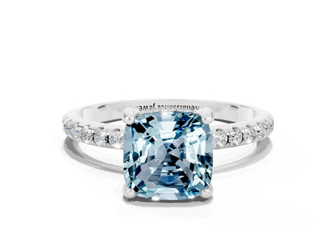 White gold Cushion Cut Diamond Solitaire Ring with Four-Prong Setting and Pavé Band