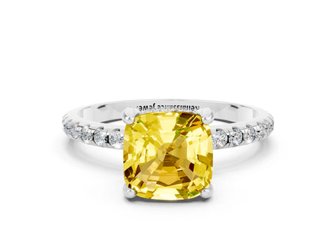 White gold Cushion Cut Diamond Solitaire Ring with Four-Prong Setting and Pavé Band