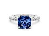 White gold Cushion Cut Diamond Solitaire Ring with Four-Prong Setting and Pavé Band