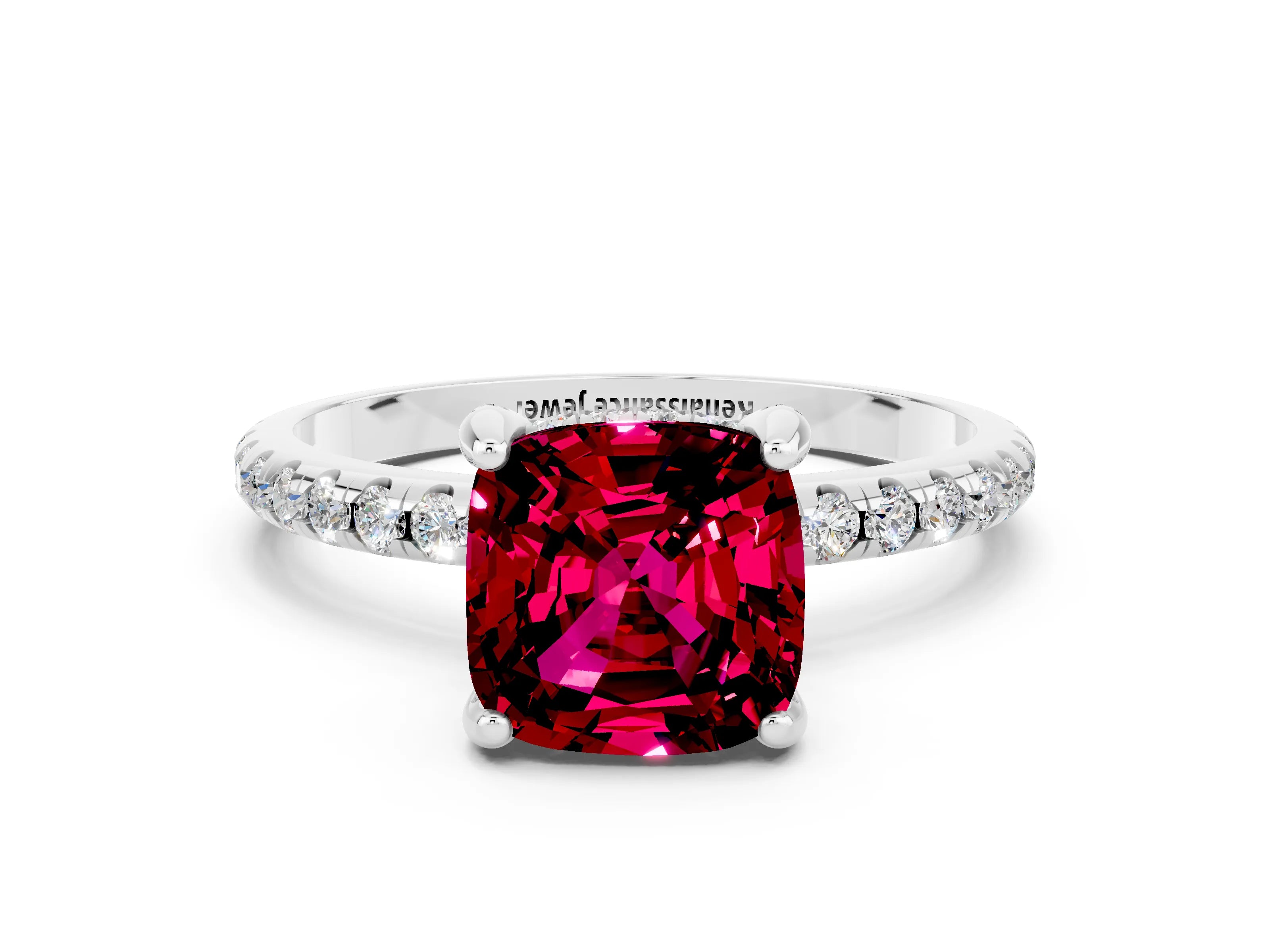White gold Cushion Cut Diamond Solitaire Ring with Four-Prong Setting and Pavé Band