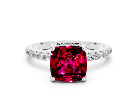 White gold Cushion Cut Diamond Solitaire Ring with Four-Prong Setting and Pavé Band