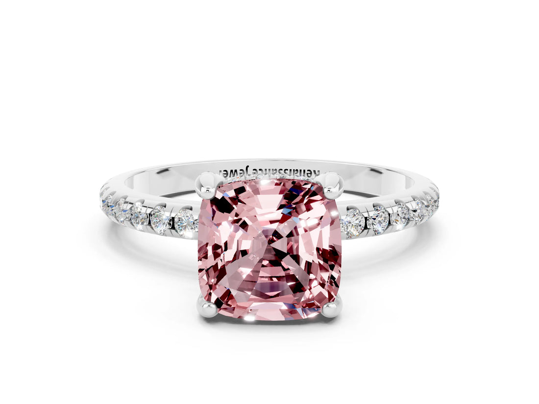 White gold Cushion Cut Diamond Solitaire Ring with Four-Prong Setting and Pavé Band