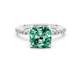 White gold Cushion Cut Diamond Solitaire Ring with Four-Prong Setting and Pavé Band