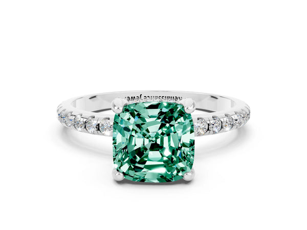 Silver Cushion Cut Green Sapphire Hidden Halo Engagement Ring with Round Pavé Band and Prong Setting