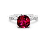 White gold Cushion Cut Diamond Solitaire Ring with Four-Prong Setting and Pavé Band