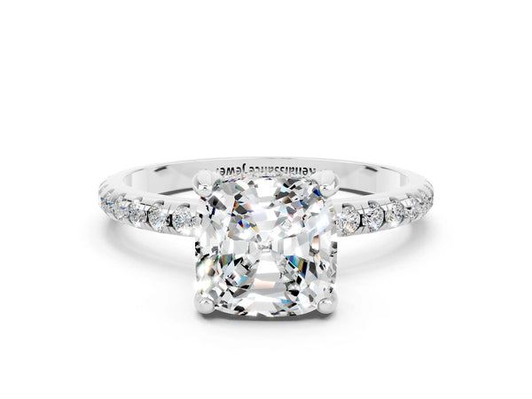 Platinum Cushion Cut Moissanite Hidden Halo Engagement Ring with Round Pavé Band and Prong Setting
