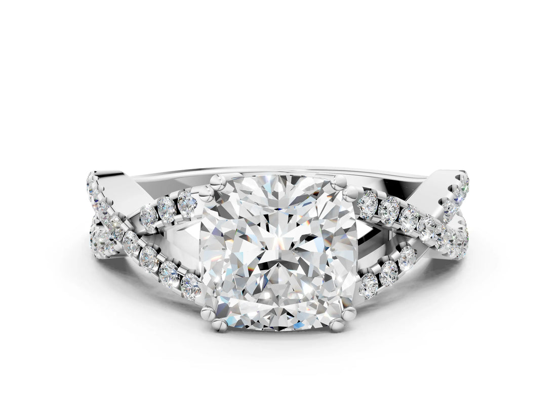 White gold Cushion Cut Diamond Solitaire Ring with Four-Prong Setting and Twisted Pavé Band_47