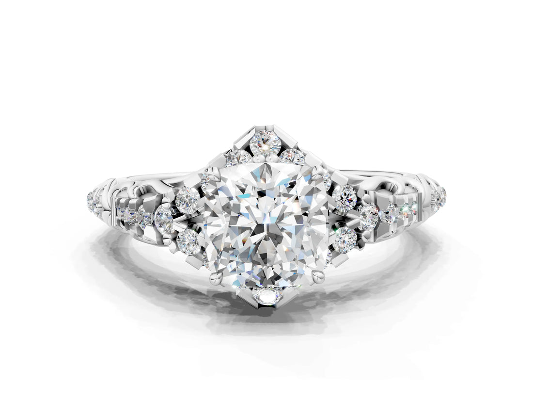 White gold Cushion Cut Diamond Solitaire Ring with Hidden Halo and Pavé Band_33