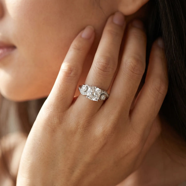White gold Cushion Cut Diamond Solitaire Ring with Milgrain Pavé Band and Four-Prong Setting