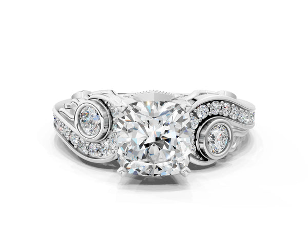 White gold Cushion Cut Diamond Solitaire Ring with Milgrain Pavé Band and Four-Prong Setting