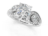 White gold Cushion Cut Diamond Solitaire Ring with Milgrain Pavé Band and Four-Prong Setting_229