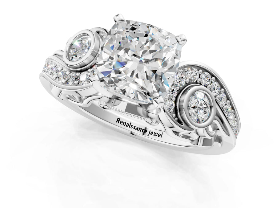 White gold Cushion Cut Diamond Solitaire Ring with Milgrain Pavé Band and Four-Prong Setting