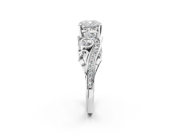 White gold Cushion Cut Diamond Solitaire Ring with Milgrain Pavé Band and Four-Prong Setting