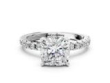 White gold Cushion Cut Diamond Solitaire Ring with Pavé Band and Four-Prong Setting_347