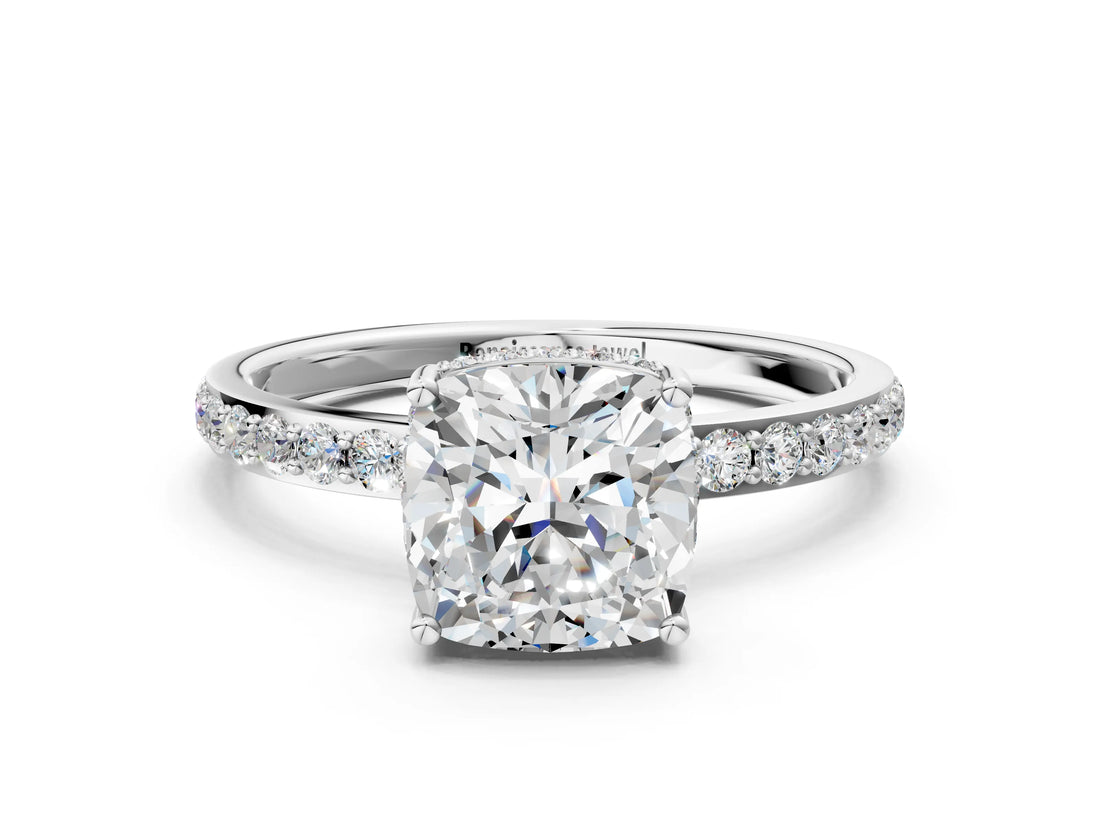 White gold Cushion Cut Diamond Solitaire Ring with Pavé Band and Hidden Halo_37