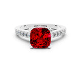 White gold Cushion Cut Diamond Solitaire Ring with Pavé Band and Prong Setting