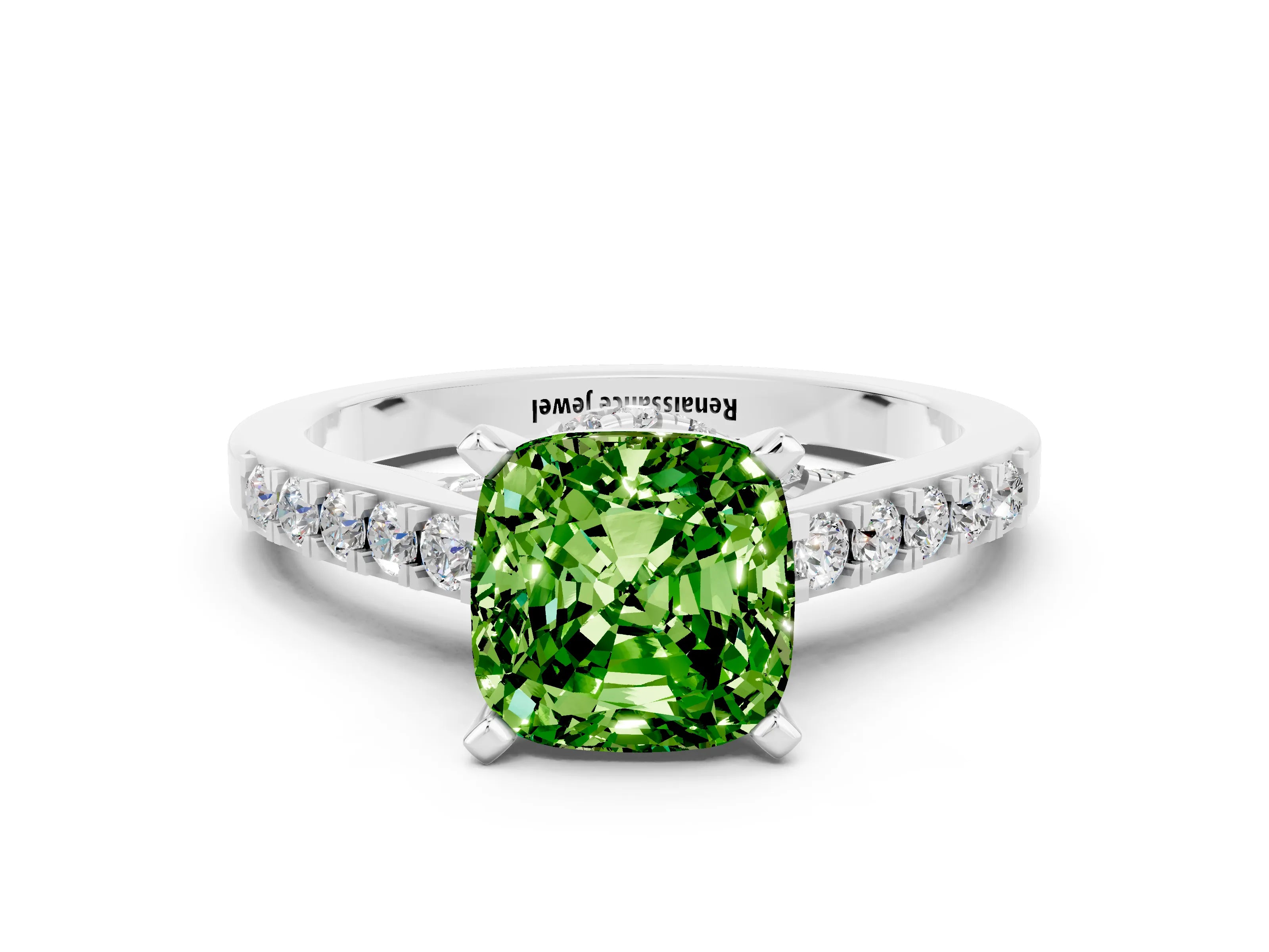 White gold Cushion Cut Diamond Solitaire Ring with Pavé Band and Prong Setting