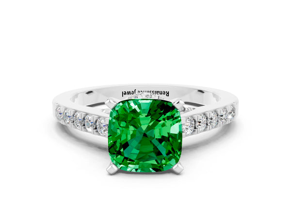 Platinum Cushion Cut Emerald Solitaire Ring with Crossover Gallery and Round  Pavé Band