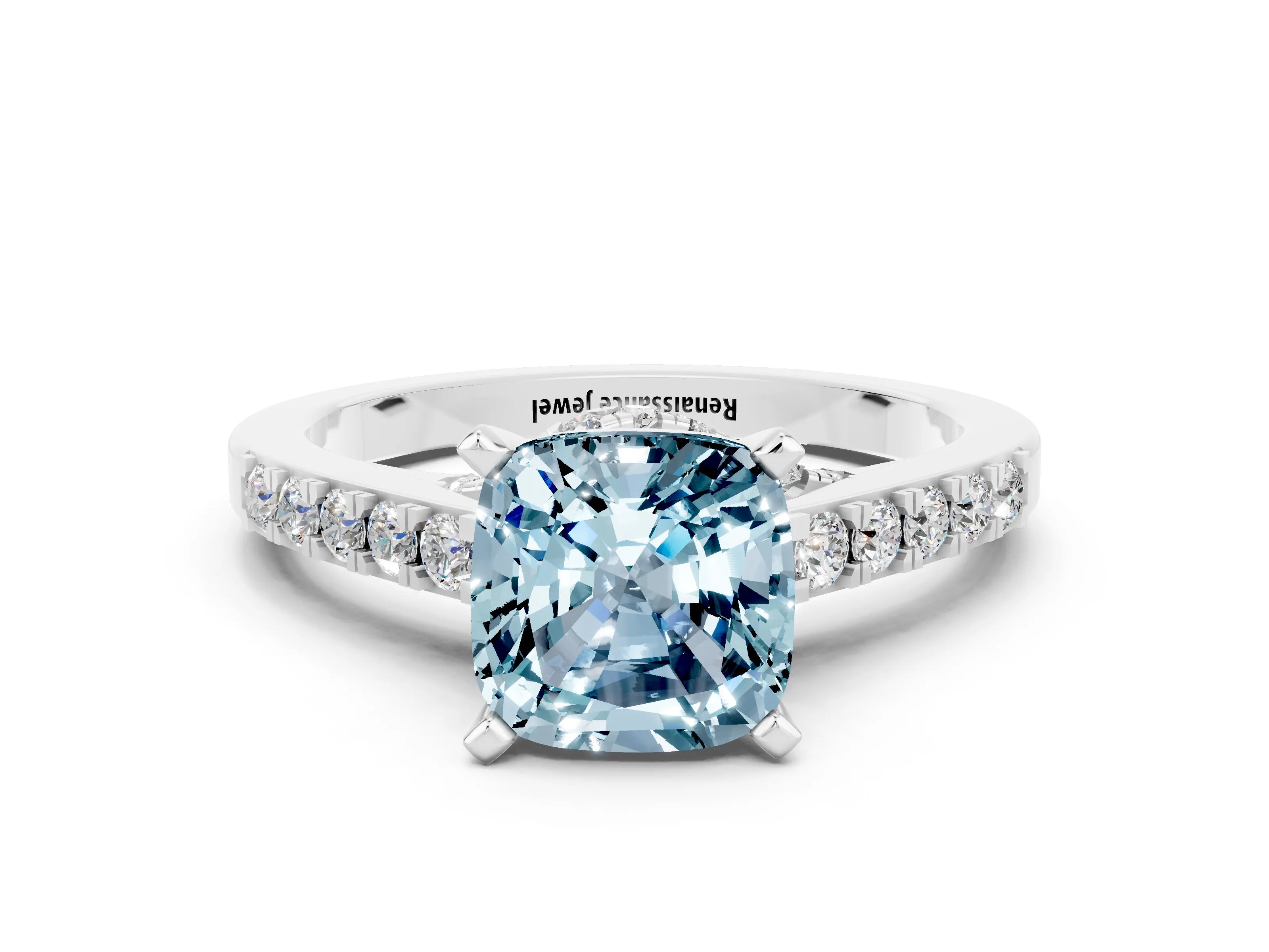 White gold Cushion Cut Diamond Solitaire Ring with Pavé Band and Prong Setting
