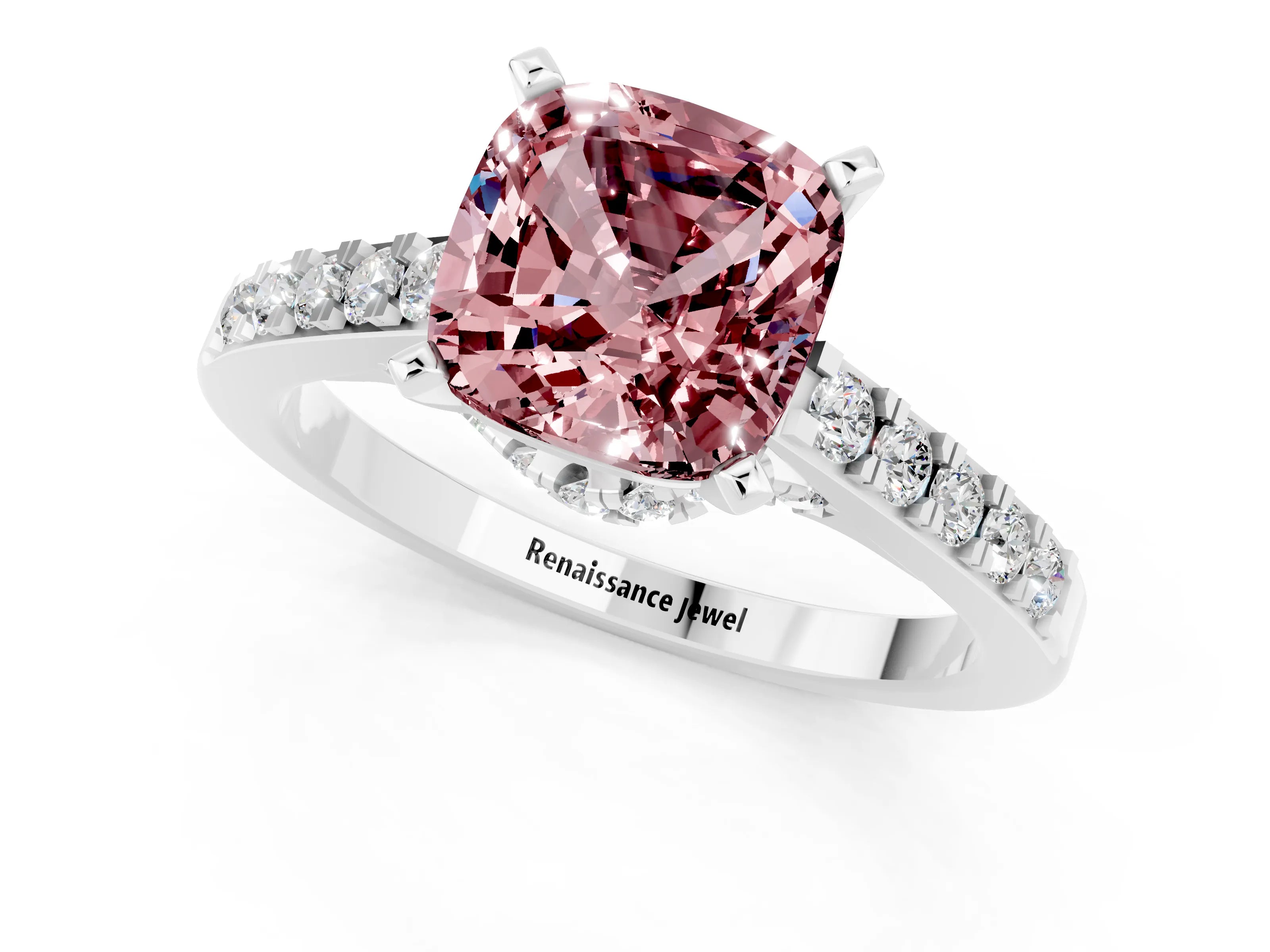 White gold Cushion Cut Diamond Solitaire Ring with Pavé Band and Prong Setting_1