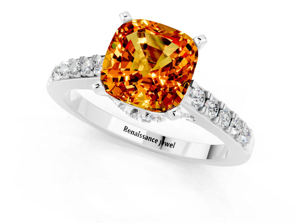 White gold Cushion Cut Citrine Solitaire Ring with Crossover Gallery and Round  Pavé Band