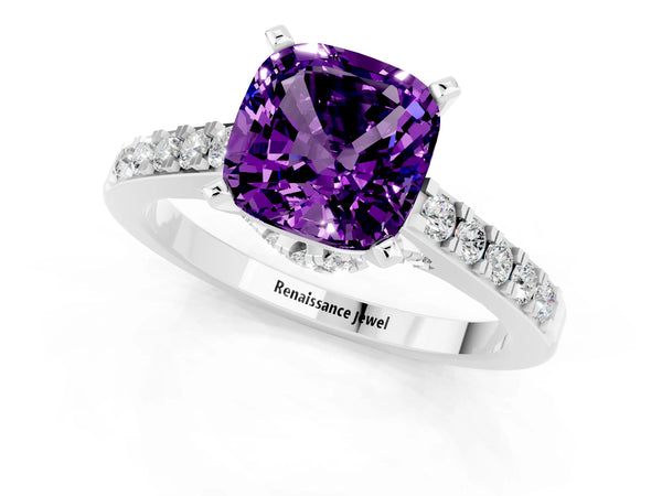 Platinum Cushion Cut Amethyst Solitaire Ring with Crossover Gallery and Round  Pavé Band