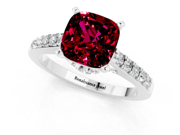 Platinum Cushion Cut Garnet Solitaire Ring with Crossover Gallery and Round  Pavé Band