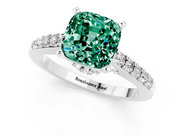 White gold Cushion Cut Green Sapphire Solitaire Ring with Crossover Gallery and Round  Pavé Band