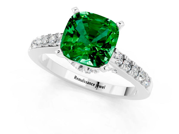 Silver Cushion Cut Emerald Solitaire Ring with Crossover Gallery and Round  Pavé Band