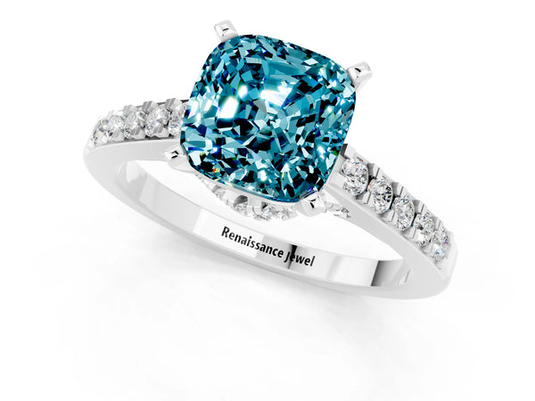 Silver Cushion Cut Blue Topaz Solitaire Ring with Crossover Gallery and Round  Pavé Band