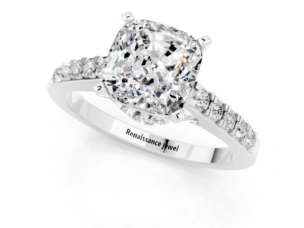 White gold Cushion Cut Moissanite Solitaire Ring with Crossover Gallery and Round  Pavé Band
